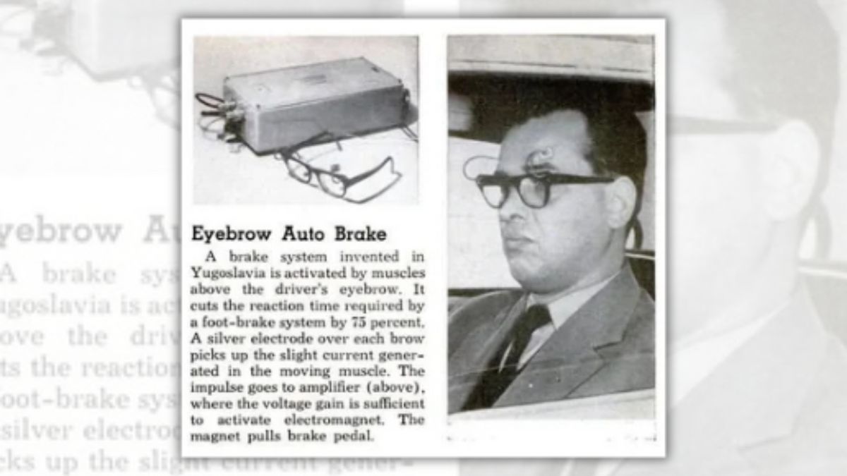 Vintage magazine article depicts invention linking car brakes to a driver’s eyebrows