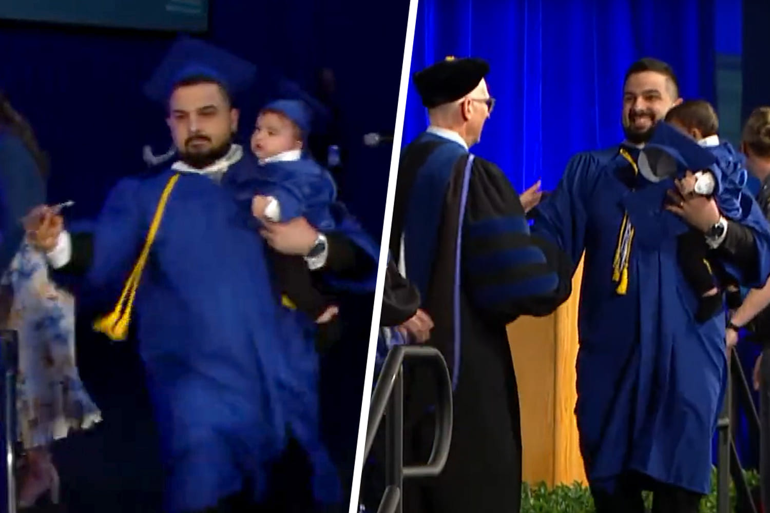 University of Buffalo grad chased by police as he runs across stage holding his baby