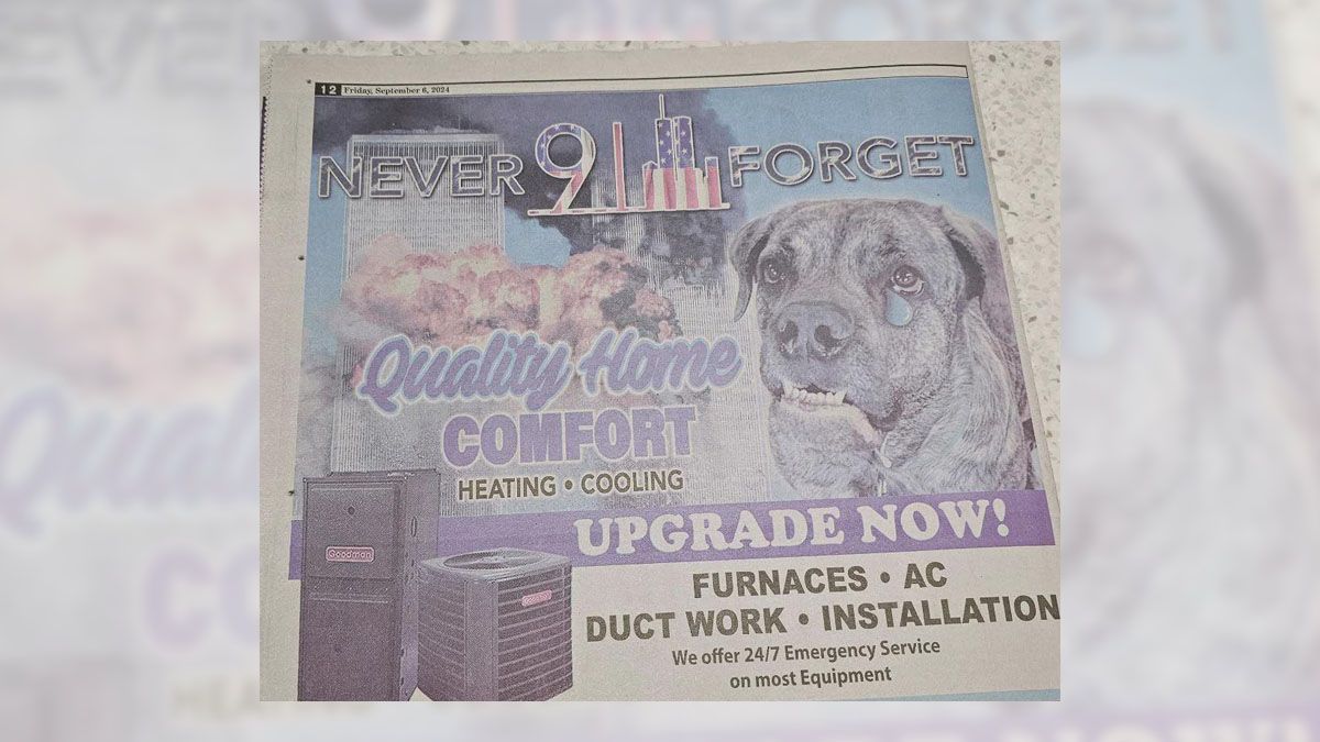 West Virginia Newspaper Ran ‘Never Forget 9/11’ Ad for HVAC Company Featuring Crying Dog?