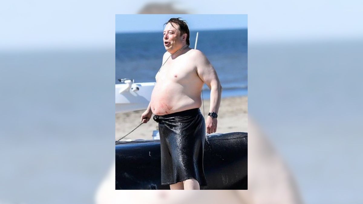 Don’t fall for image of shirtless Musk with large gut holding leash at beach