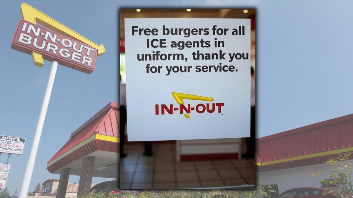 Unwrapping In-N-Out Burger sign promising free food for ICE officers