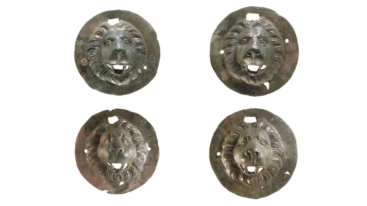‘Puzzling’ bronze discs adorned with lion heads discovered in Roman-era grave