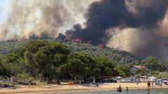Beachgoers look on as wildfires burn in Greece