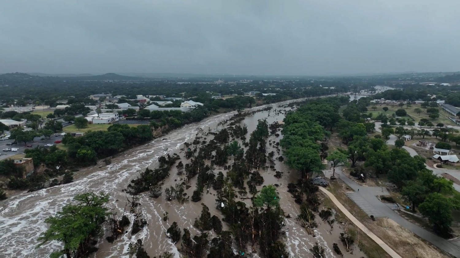 Drone video shows deadly flooding in Kerrville, Texas