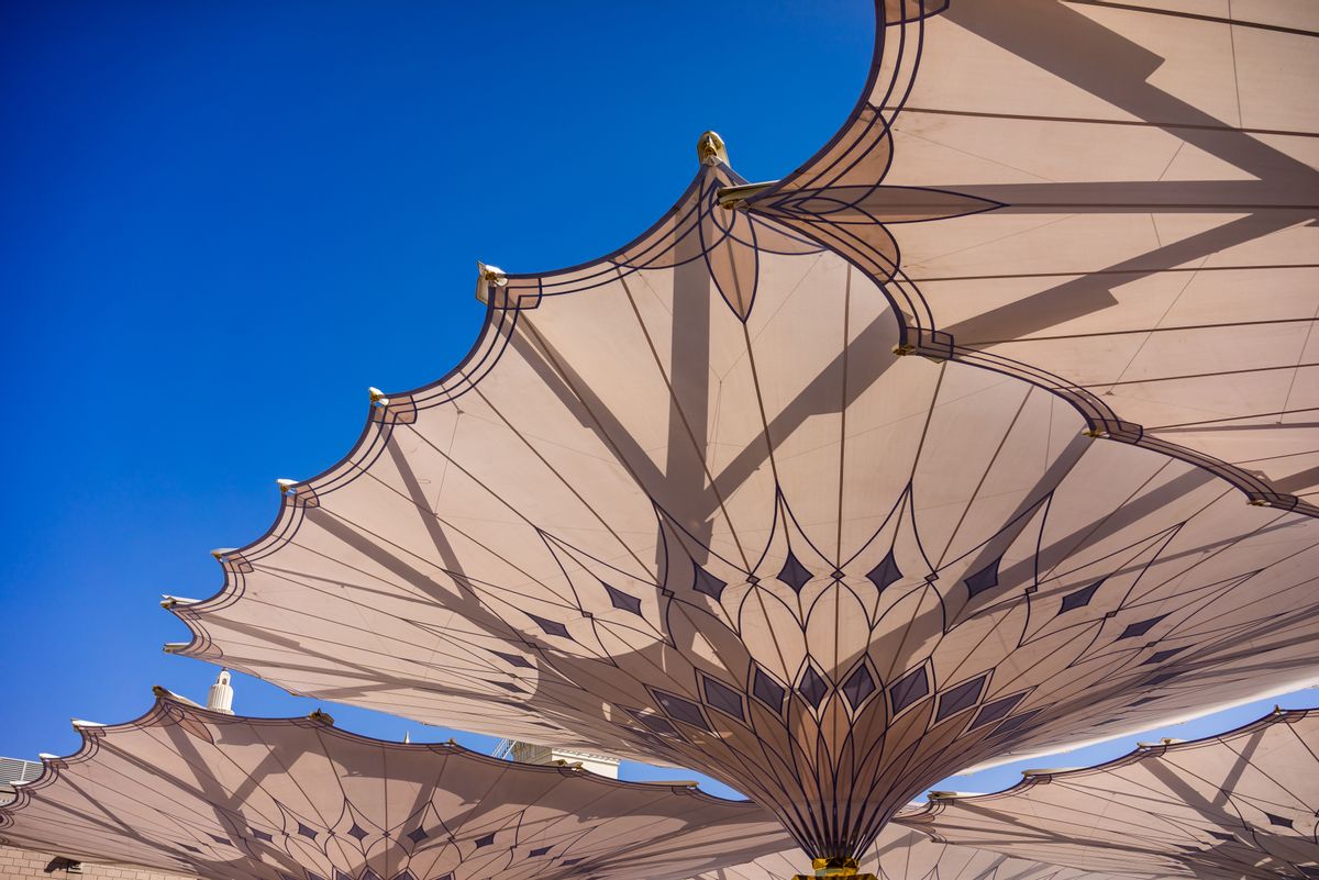 High-tech umbrellas protect pilgrims at mosque in Medina, Saudi Arabia