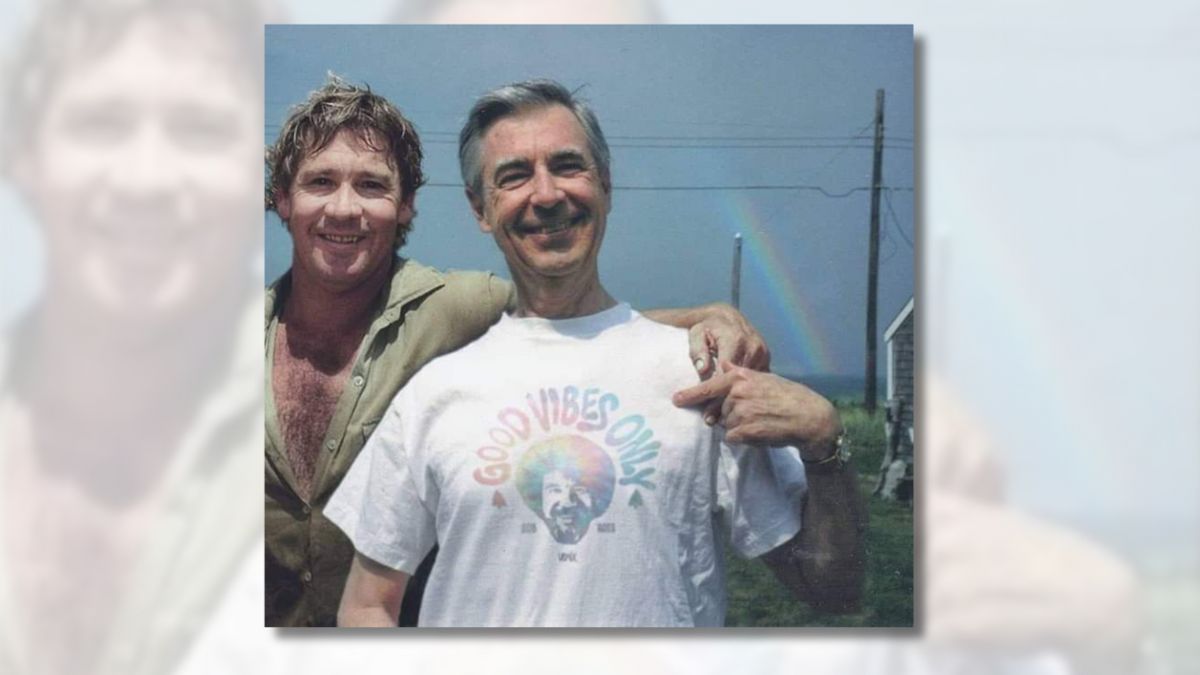 Does photo show Mr. Rogers with Steve Irwin while wearing Bob Ross shirt?