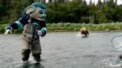 Bear chases hockey mascot during photoshoot