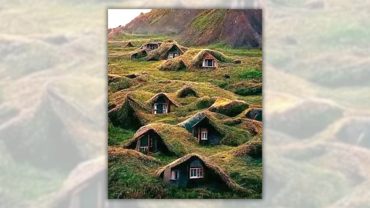 Image really shows moss-covered Norwegian houses made by Vikings?