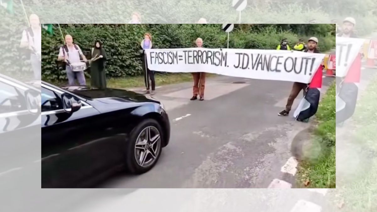 UK protesters blocked Vance motorcade with sign reading, ‘Fascism = Terrorism. J.D. Vance Out’