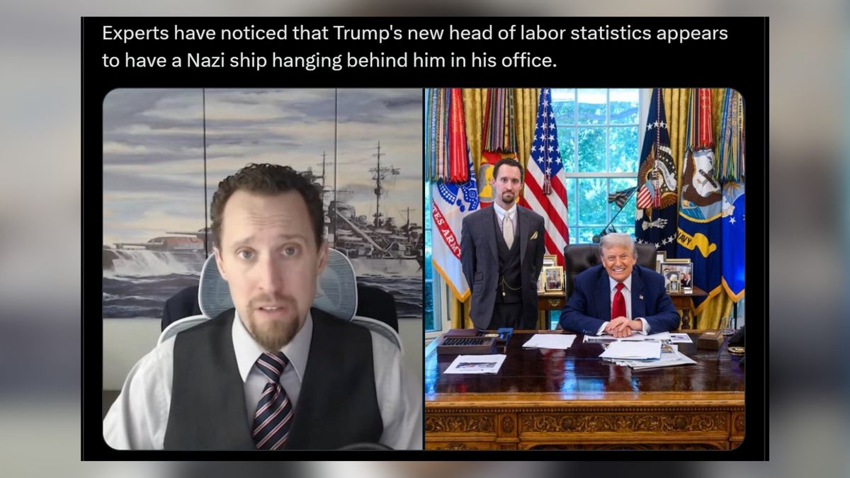 Analyzing image claiming to show Nazi ship art in Trump BLS pick E.J. Antoni’s office