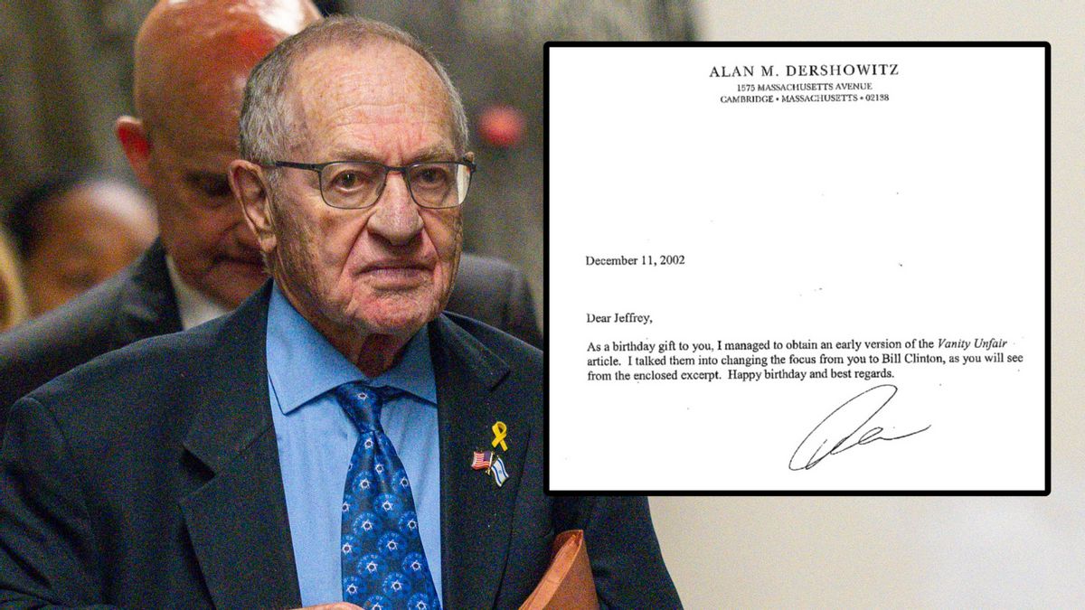 Alan Dershowitz note referencing Vanity Fair appears in Epstein birthday book. Here’s context
