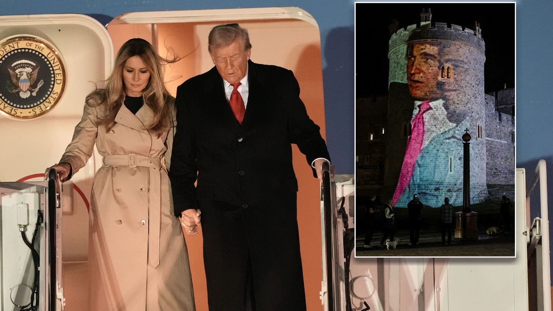 Trump’s state visit begins as Epstein images beamed on to Windsor Castle