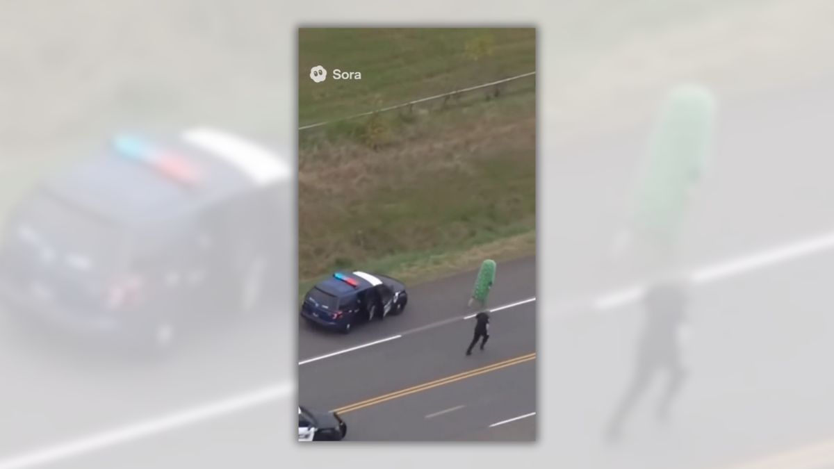 Video shows police chasing person in pickle costume?