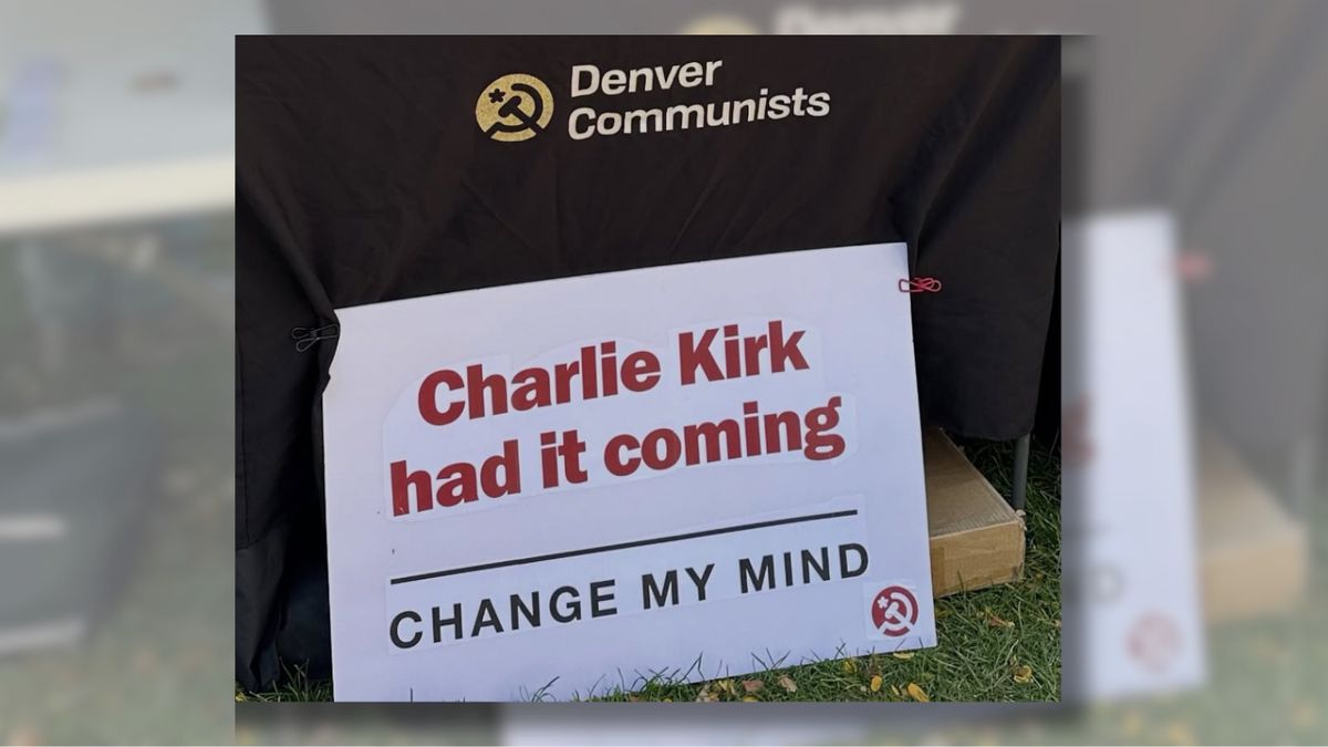 Denver Communists stall featured ‘Charlie Kirk had it coming, change my mind’ sign at ‘No Kings’ protest