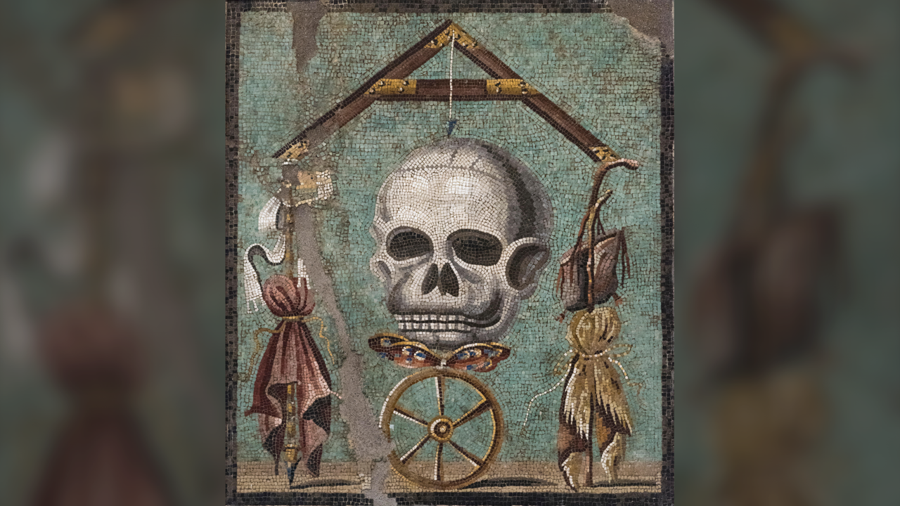 Memento Mori: A mosaic that predates Mount Vesuvius’ eruption in Pompeii and reminds us that we will all die