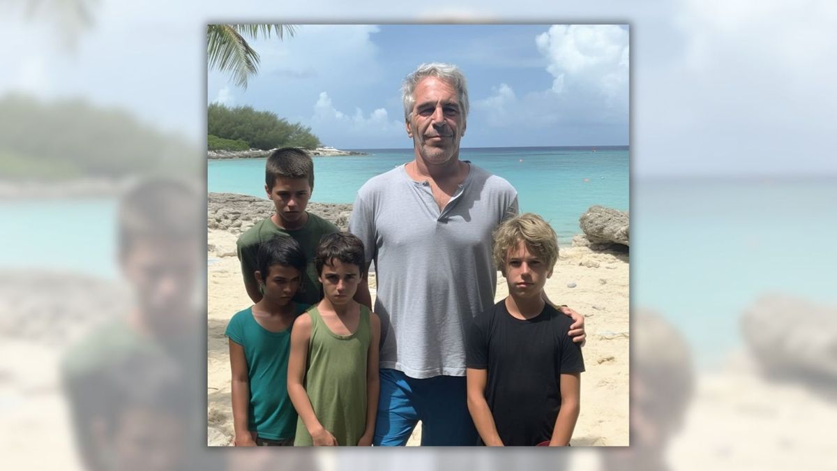 Does image show Epstein and 4 boys on island?