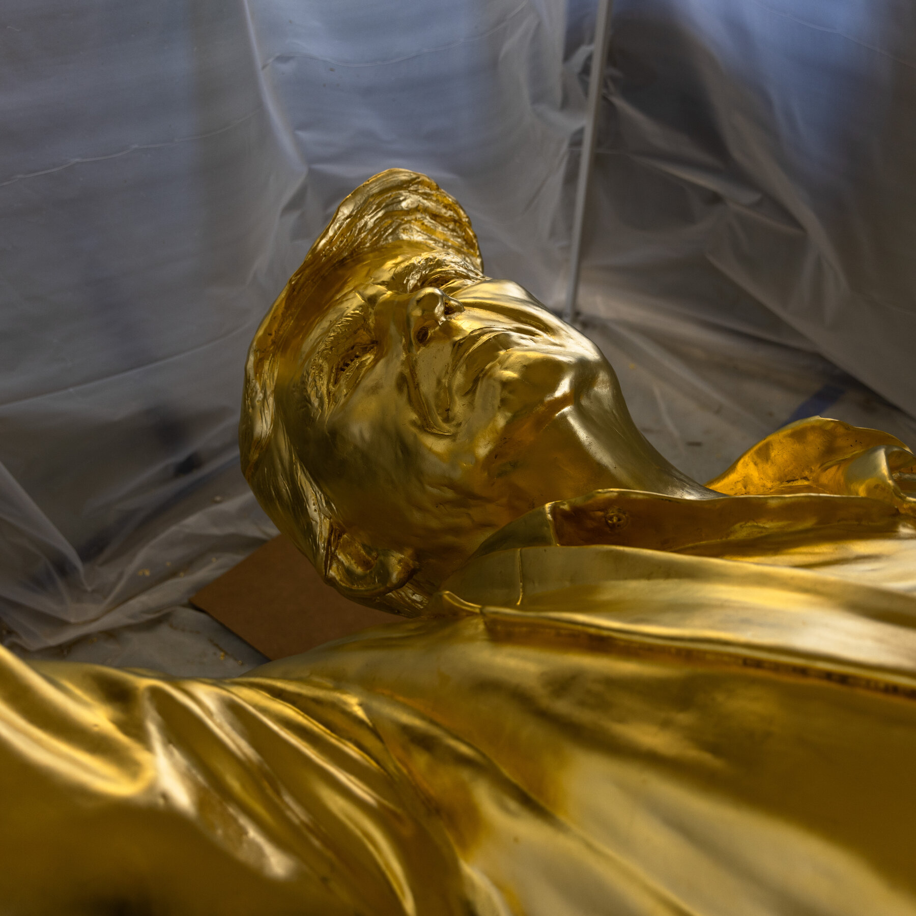 ‘Don Colossus,’ a Golden Statue of Tweety McTreason, Waits for Its Home