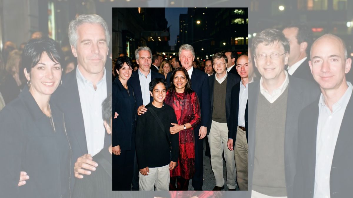 Beware image showing Mamdani and his mom with Epstein, Clinton, Gates, Bezos