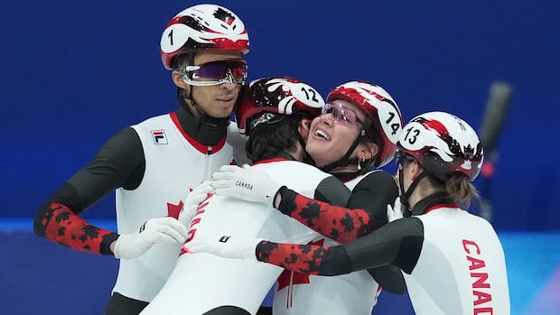Canada wins 1st silver of Olympics in short-track speed skating mixed relay