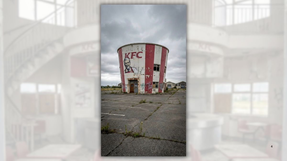 Ditch images showing abandoned KFC bucket-shaped restaurant