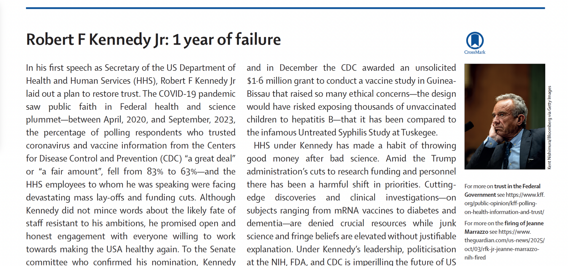 One year of Robert F. Kennedy Jr. as HHS Secretary: The Lancet reacts, and so do I
