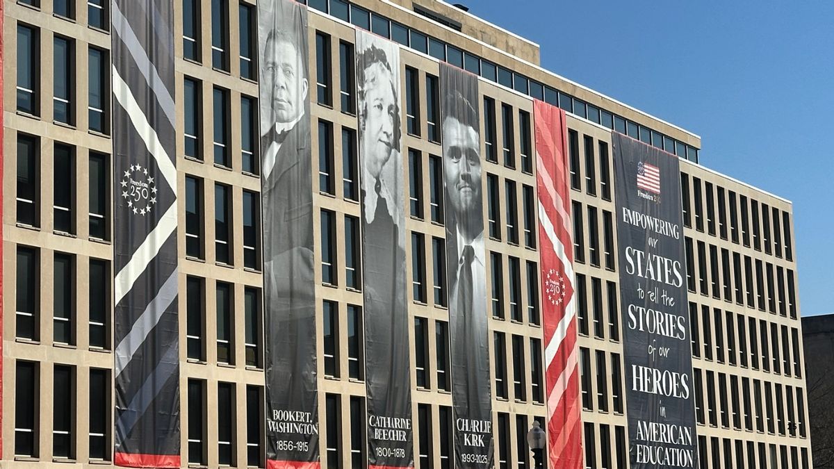 Department of Education hung Charlie Kirk banner on DC building near education heroes message