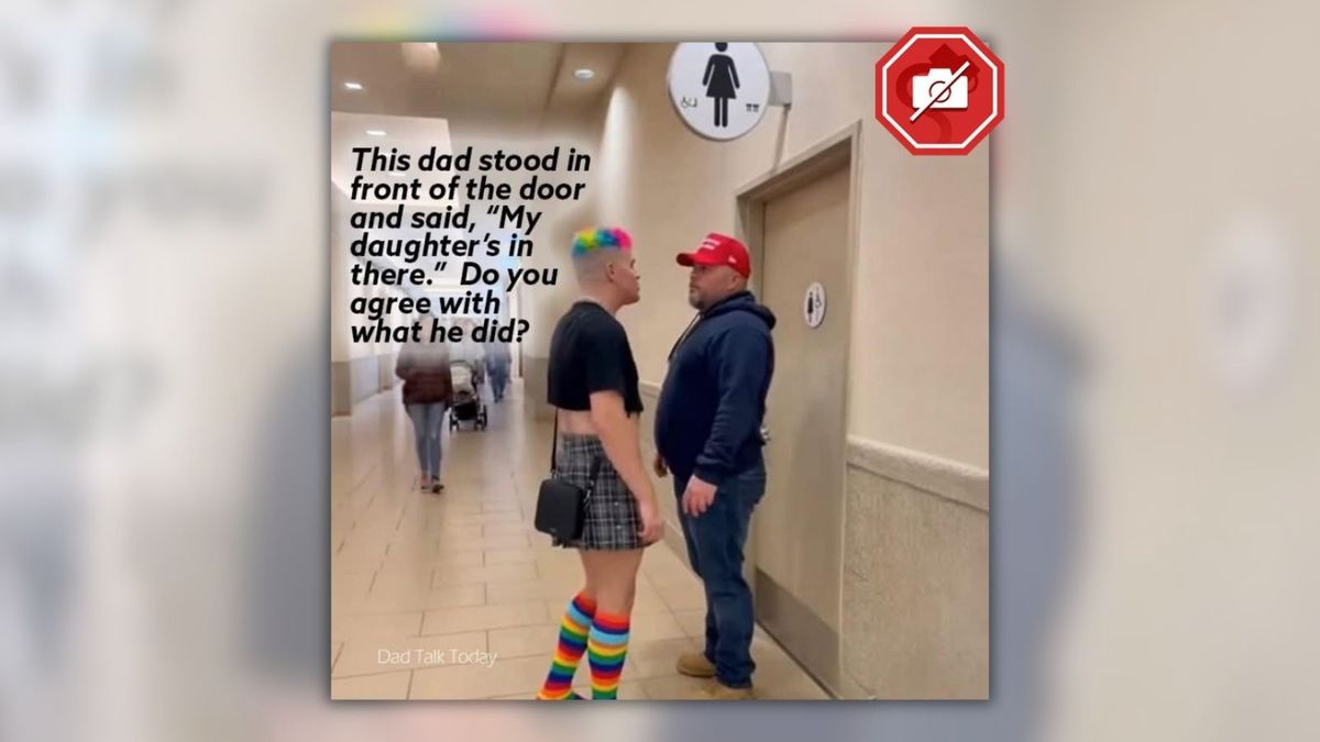 Fake image of dad wearing MAGA hat blocking trans person from women’s restroom spreads online