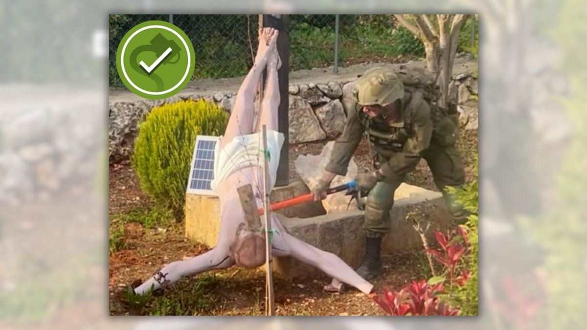 Photo shows Israeli soldier smashing Jesus statue in Lebanon