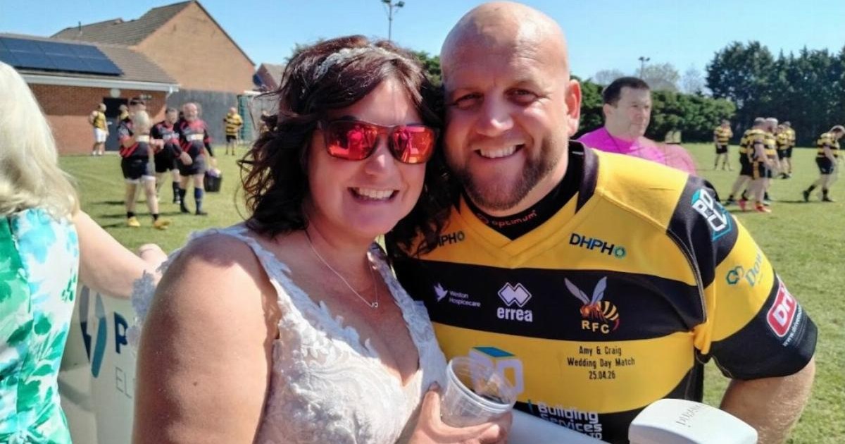 Rugby-loving bride cheers husband on in wedding dress hours after marriage