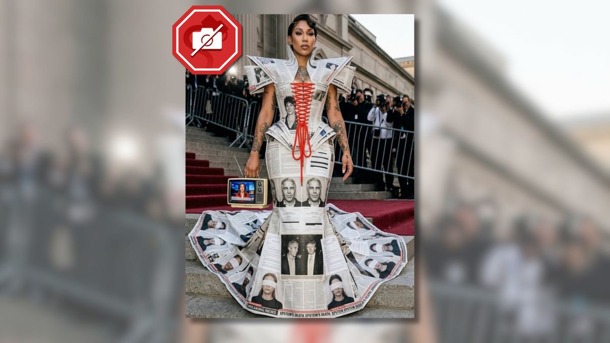 Don’t fall for alleged image of Met Gala attendee wearing dress made of Epstein articles