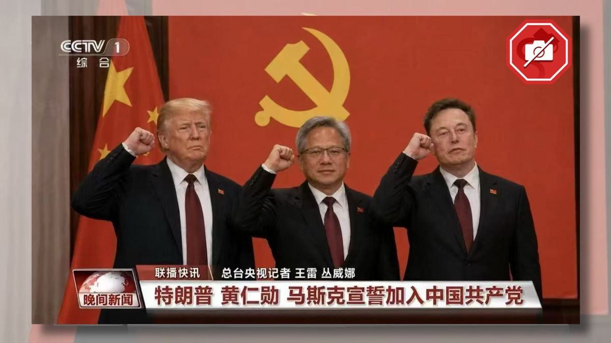 Fake image shows Trump, Musk and Nvidia CEO Jensen Huang with fists up in front of CCP flag