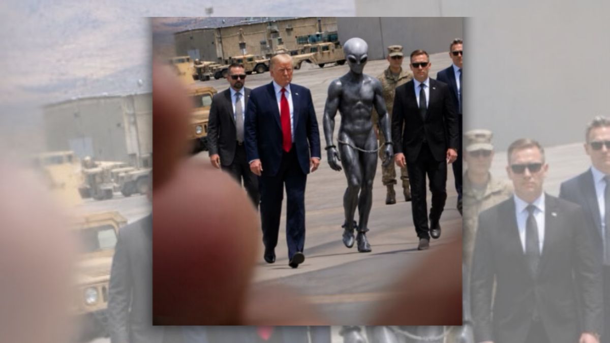 Did Trump post image of himself walking with shackled alien?