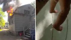 Police officer catches baby dropped from window of burning home