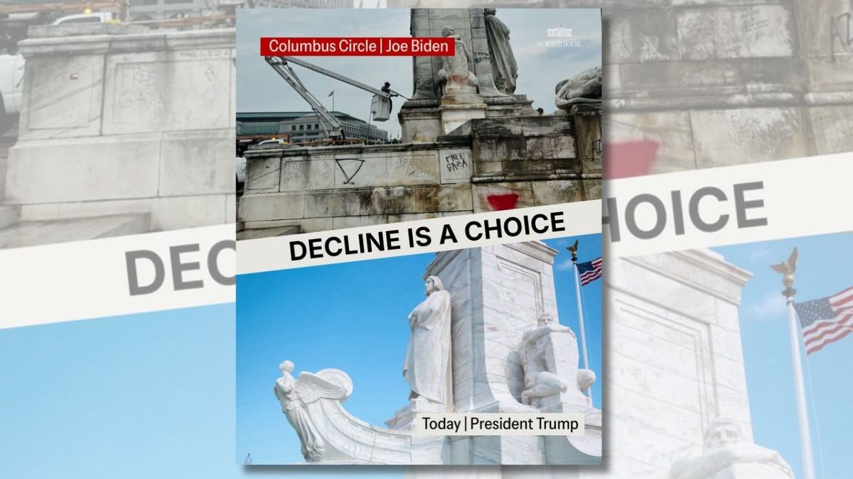 Photos purport to compare pristine Columbus Circle fountain under Trump vs. graffiti-covered fountain under Biden