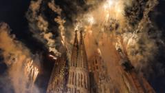 Fireworks illuminate Barcelona’s Sagrada Família during Pope visit