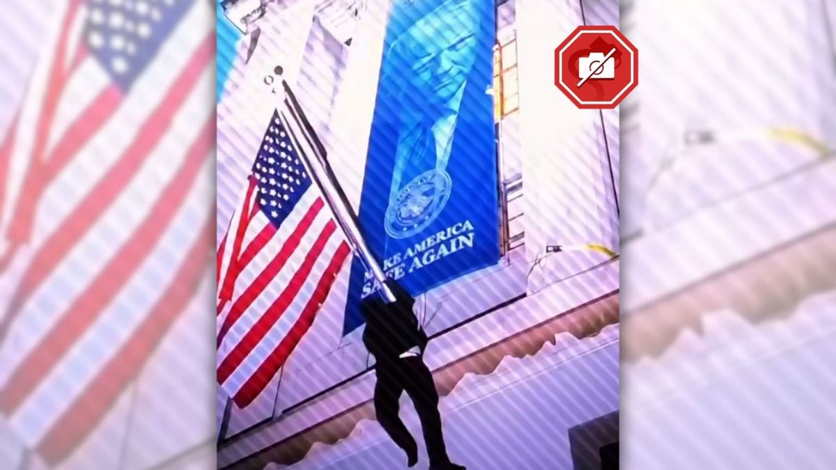 Does video show masked man tearing down Trump banner on DOJ building?