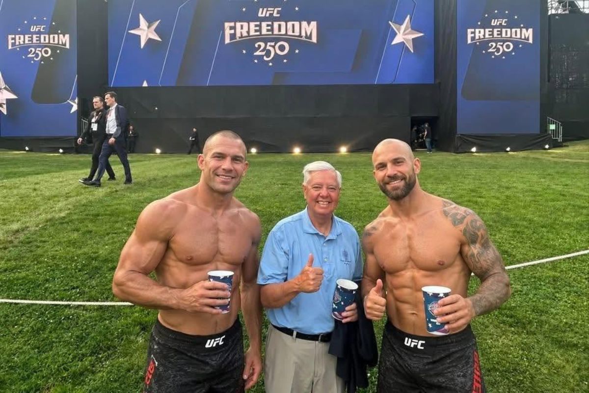 Does image show Lindsey Graham posing with shirtless UFC fighters?