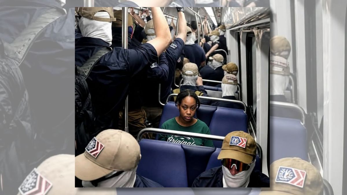 Photo shows white nationalist Patriot Front members riding with Black woman on DC metro