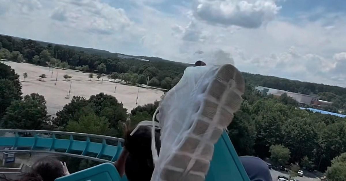 Moment man is hit in the face with flying shoe on rollercoaster travelling at 70mph