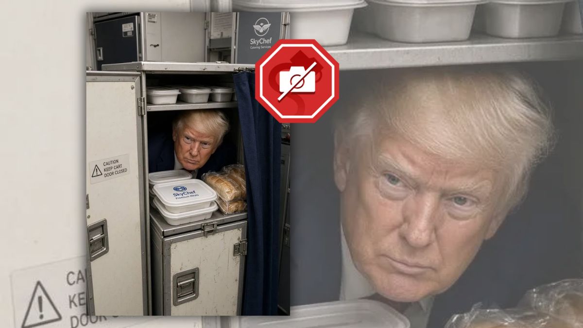 Is this image of Trump hiding in plane catering cart authentic? Don’t believe your eyes