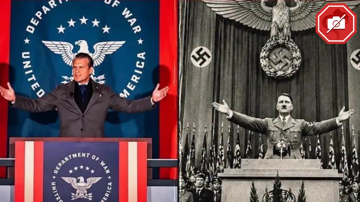 Examining meme comparing Hegseth’s speech backdrop to Hitler’s eagle imagery